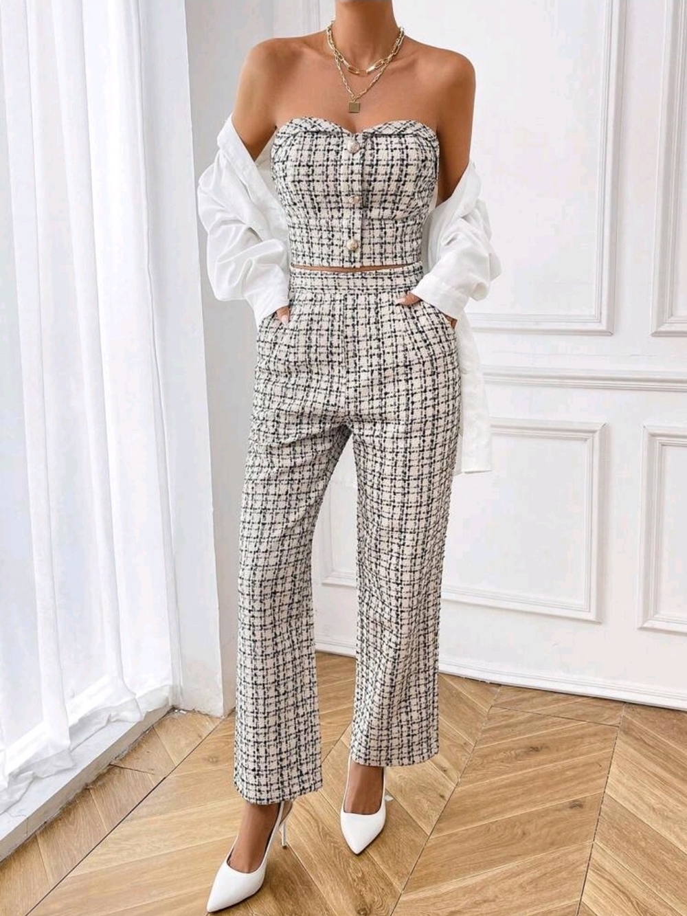 SHEIN White & Black Tweed Strapless Crop Top with Wide Leg Pants Set